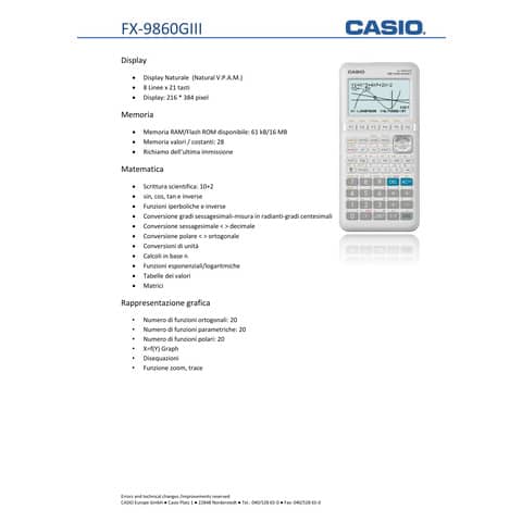 Calcolatrice grafica CASIO bianco display 216x384 pixel - FX-9860GIII-S-ET