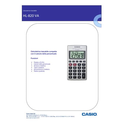 Calcolatrice tascabile casio hl4a antracite display cifre 8 a batteria l x 